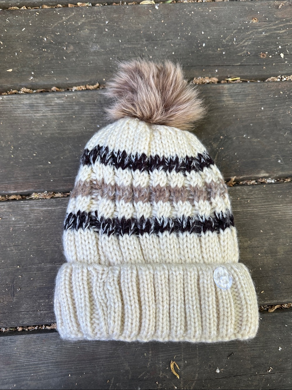Source Unknown Cream Knit Pom Beanie with Brown and Black Stripes